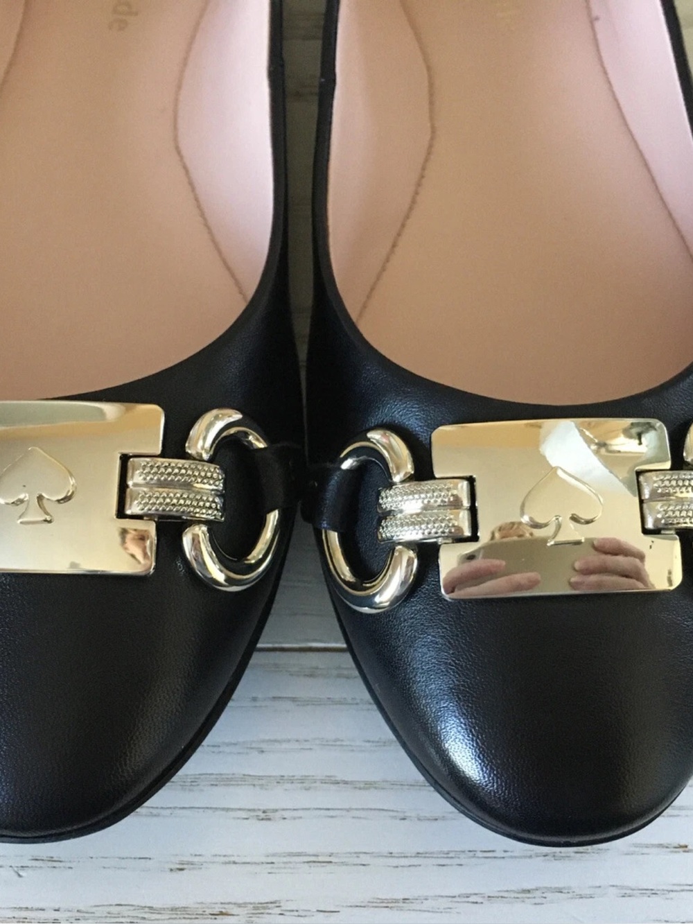 Kate Spade New York Black Leather Flats with Gold Hardware Sz 8.5